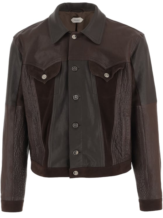 Versace Brown Leather Jacket with Pointed Collar