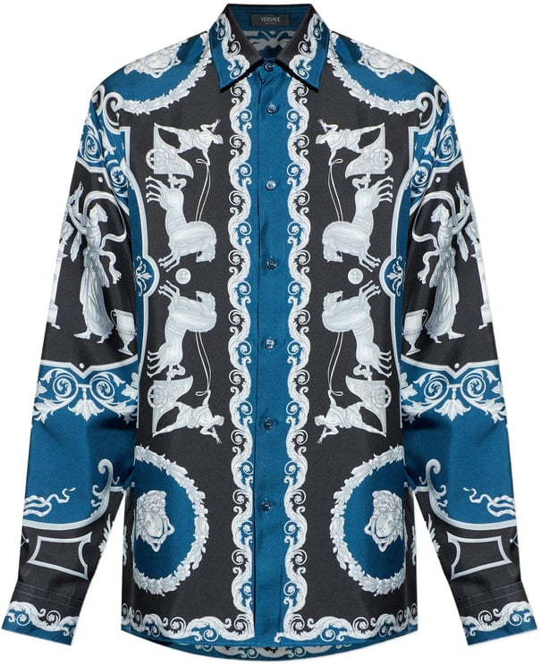 Versace Blue Baroque-Print Silk Long-Sleeve Shirt
