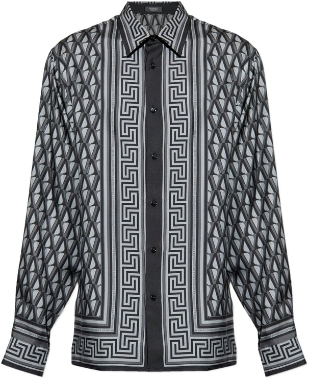 Versace Blue Geometric Greek Key Silk Shirt
