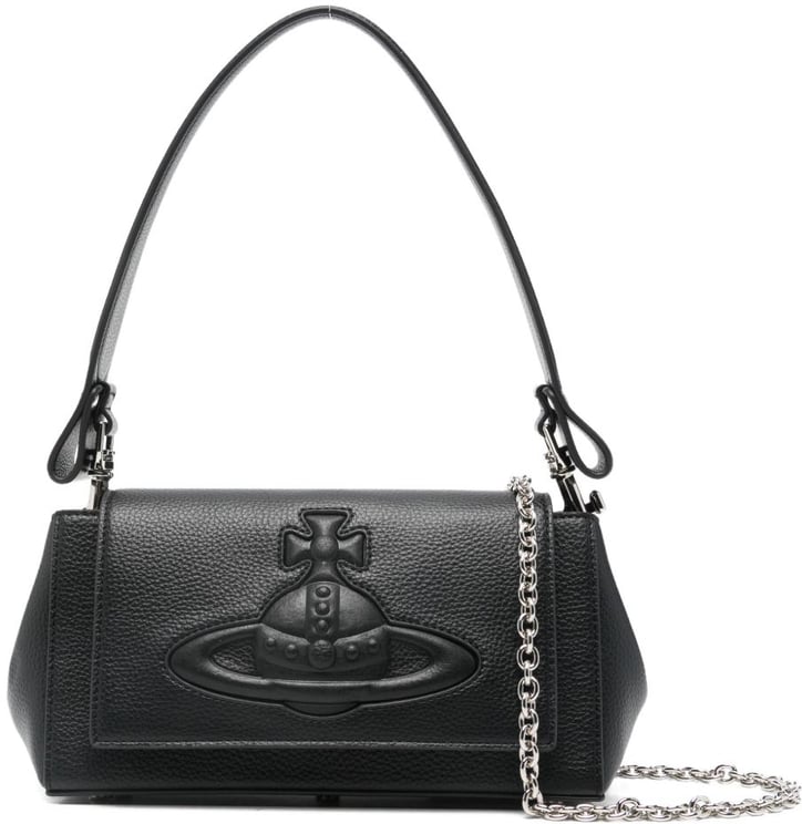 Vivienne Westwood Structured Black Handbag With Pebbled Texture And Silver Chain Strap