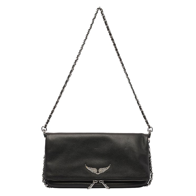 Zadig&Voltaire Rectangular Pebbled Shoulder Bag with Metallic Wing Emblem