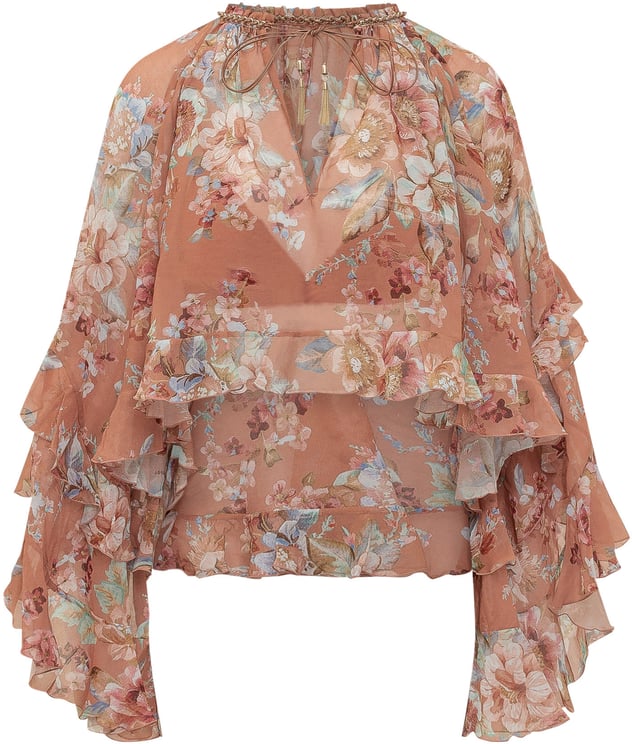 Zimmermann Blusa in Chiffon Floreale con Balze