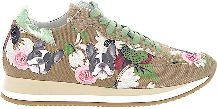 Philippe Model Women Sneakers ETOILE Fabric Beige Flower Pattern Bulldog Patch - Bulldog Beige