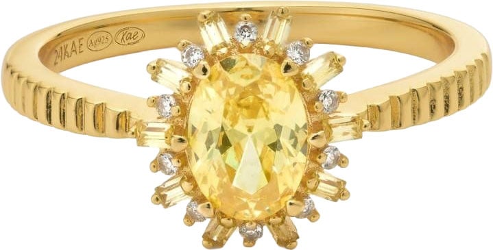 24Kae 24Kae Ring 124148Y/56 Zilver met Geelgouden Plating en Ovaal Groene Zirkonia Maat 56