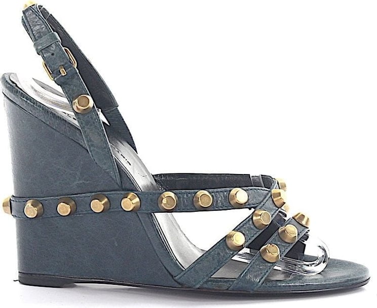 Balenciaga Women Wedge Sandals Calfskin Smooth Leather Rivets Blue - ABONA Blauw