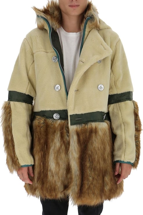 Sacai faux fur hooded coat Beige