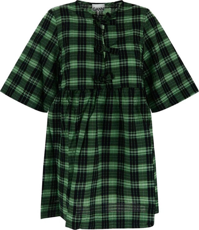 Ganni Checkered Ribbon Mini Dress Groen