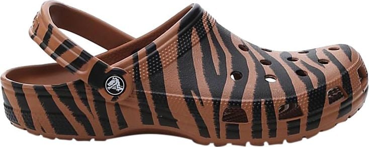 Crocs Brown/black zebra-print slides from CROCS featuring slip-on style, tiger print, slingback strap, round toe and flat rubber sole. Dierenprint