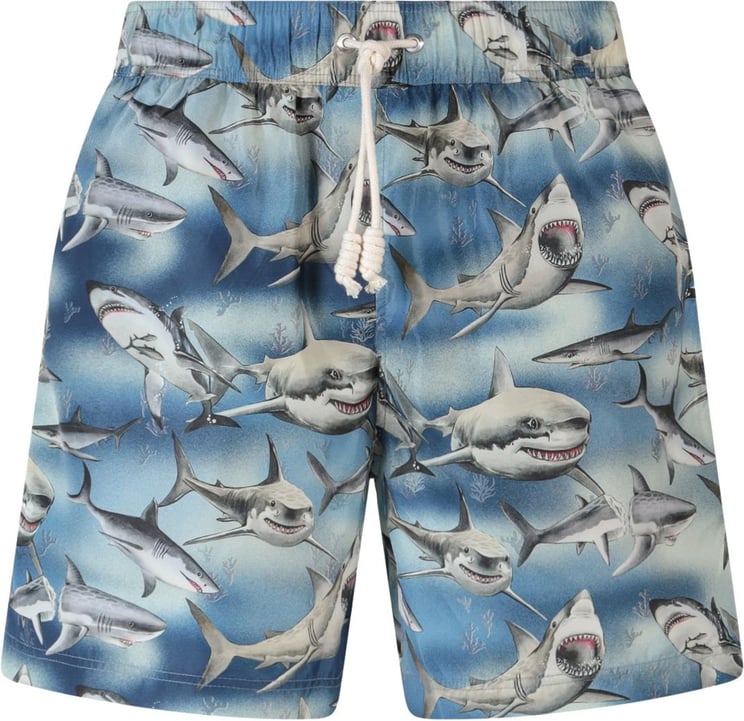 Palm Angels Nylon swim trunks with all-over Shark print Blauw