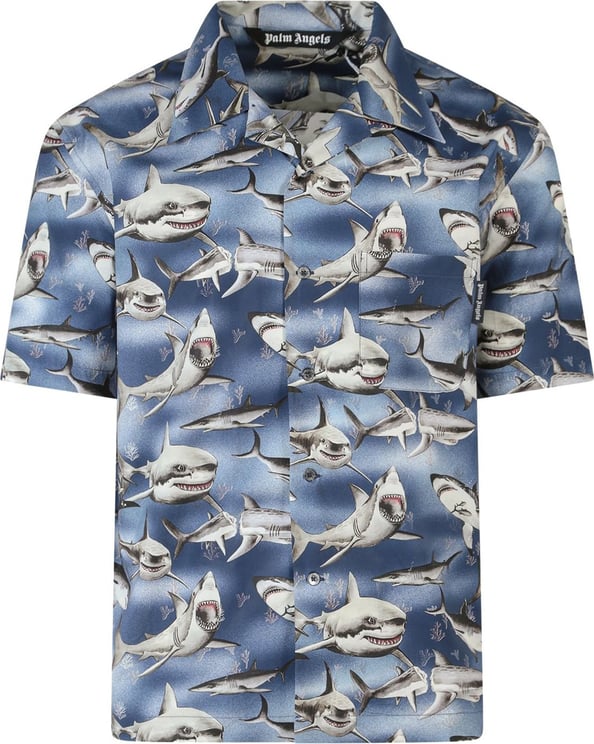 Palm Angels Cotton shirt with all-over Shark print Blauw