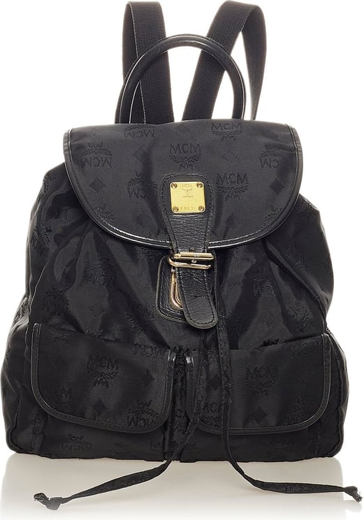 MCM Visetos Nylon Drawstring Backpack. Zwart