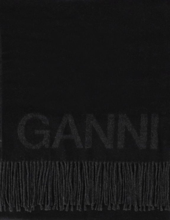 Ganni Black Scarf With Logo Black Zwart