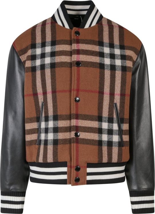 Burberry Wool and leather jacket with tartan motif Bruin