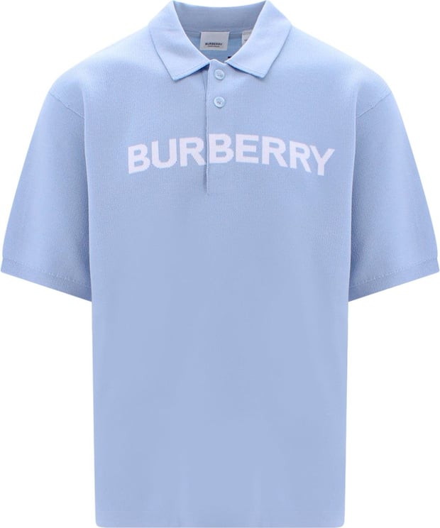 Burberry Wool and cotton polo shirt with logo on the front Blauw