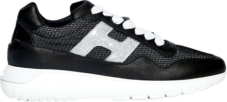 HOGAN Sneaker H371 in pelle perlata nera e tessuto nero glitter argento Zwart