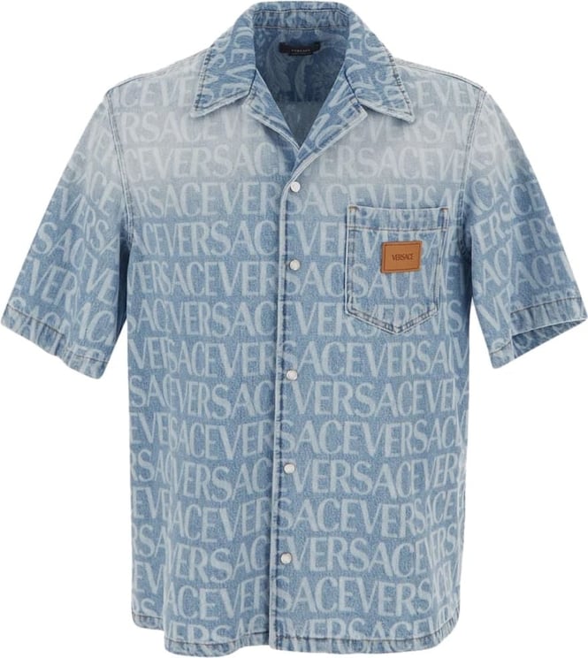 Versace Logo Laser Print Denim Shirt Blauw