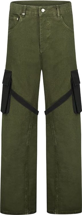 FLÂNEUR Strap Contrast Cargo Pants in Army Green with Black Pockets Groen