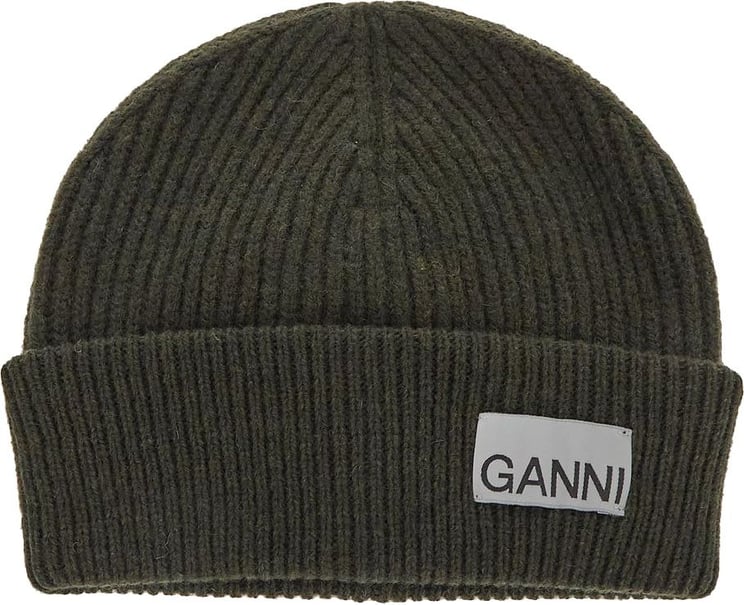 Ganni Logo Patch Beanie Hat Groen