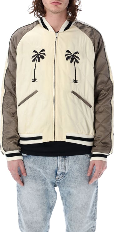 Palm Angels Quilted fabric jacket with upsidedown palm embroidery Beige