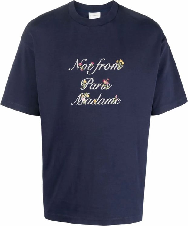 Drôle de Monsieur Le T-shirt Slogan A Fleurs Navy Blauw