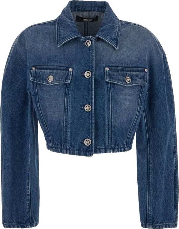 Versace Rounded Crop Denim Jacket Blauw