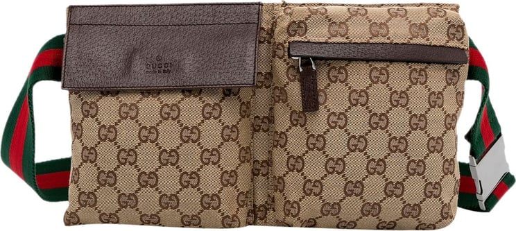 Gucci GG Canvas Web Double Pocket Belt Bag Bruin