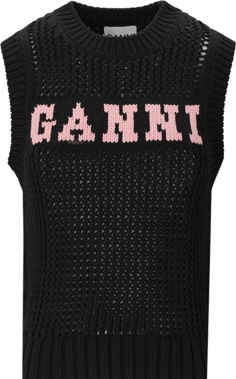 Ganni Black And Pink Knitted Vest Black Zwart