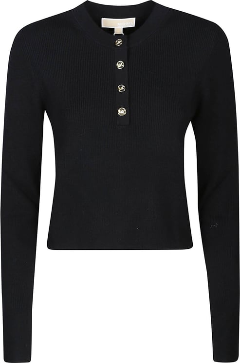 Michael Kors Merino Long Sleeve Ribed Button Sweater Black Zwart