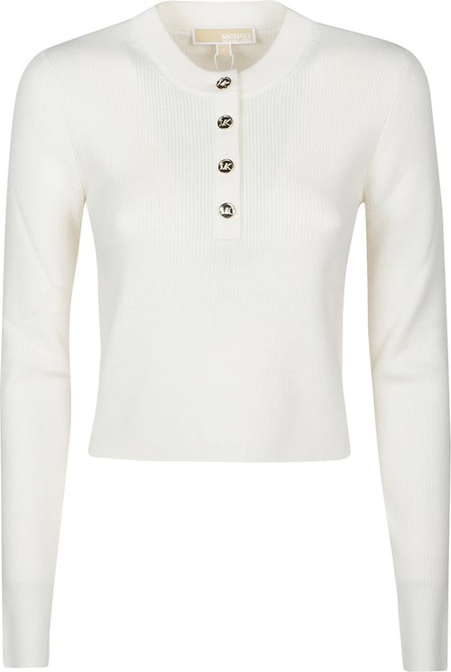 Michael Kors Merino Long Sleeve Ribed Button Sweater White Wit
