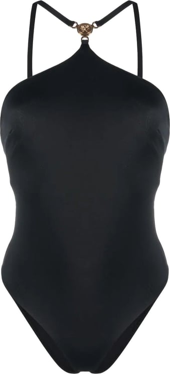 Versace logo-plaque halterneck swimsuit Zwart
