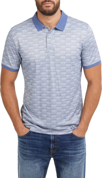 Guess All Over Logo Print Polo Heren Blauw Blauw