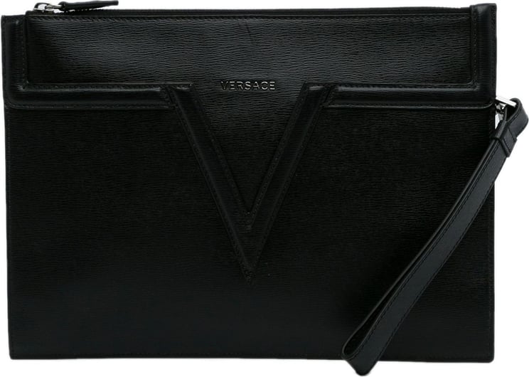 Versace V Logo Leather Clutch Zwart