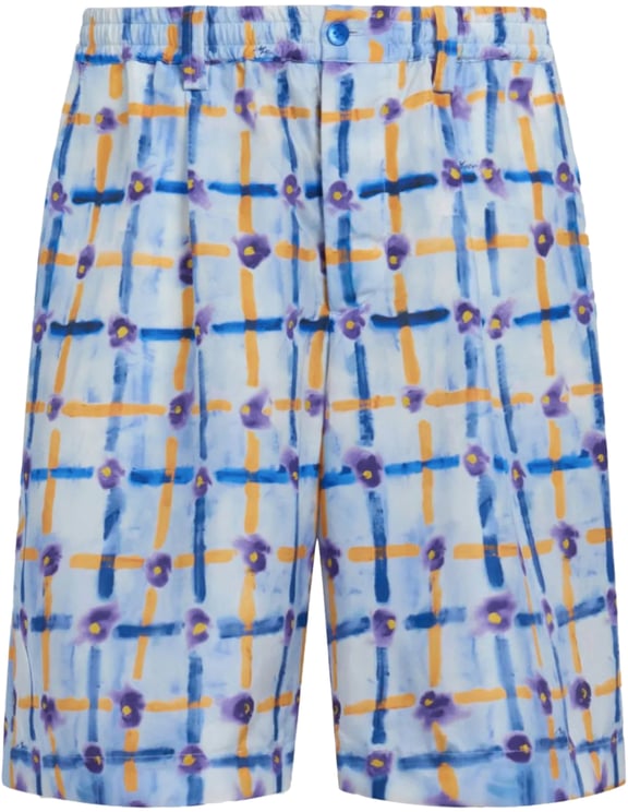 Marni Light Blue Habotai Silk Drawstring Shorts With Saraband Print Blauw