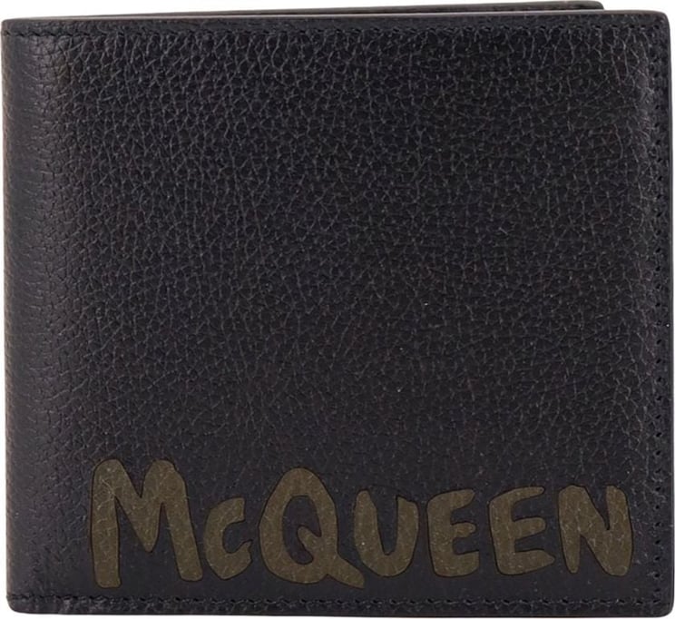 Alexander McQueen Leather wallet with McQueen graffiti logo Zwart