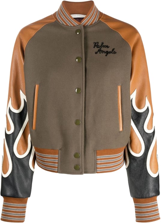 Palm Angels Burning Flames Leather Varsity Jacket Divers