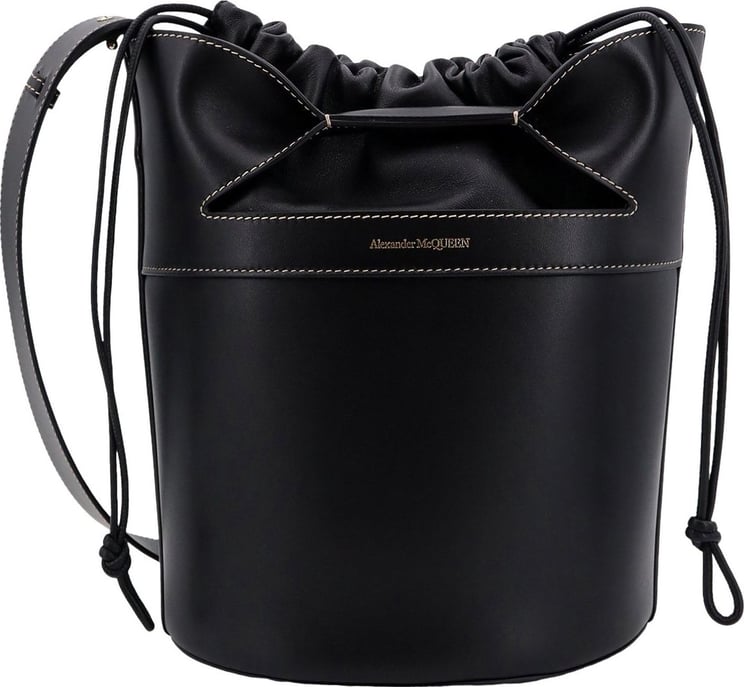 Alexander McQueen Leather bucket bag with logo print Zwart