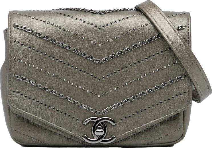 Chanel Mini Embellished Calfskin Chevron Square Envelop Flap Grijs