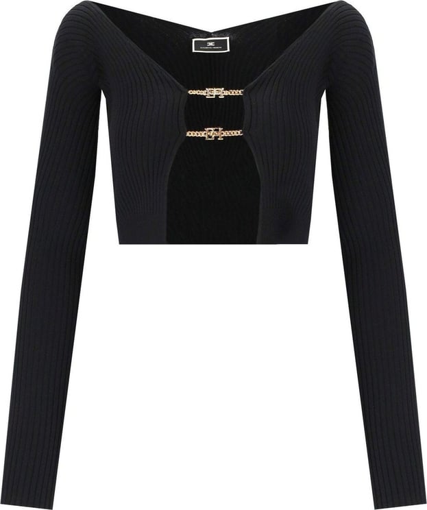 Elisabetta Franchi Black Cropped Cardigan With Logo Detail Black Zwart