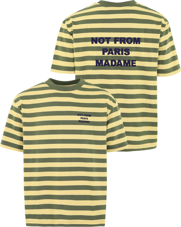 Drôle de Monsieur Heren Slogan Rayè T-Shirt Groen/Geel Groen