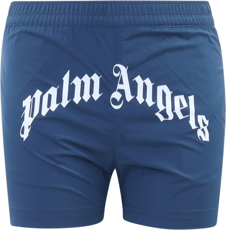 Palm Angels Kids Curved Logo Beachwear Short Blauw
