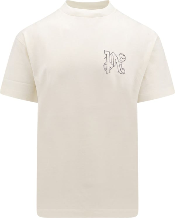 Palm Angels Cotton T-shirt with studded monogram on the front Wit