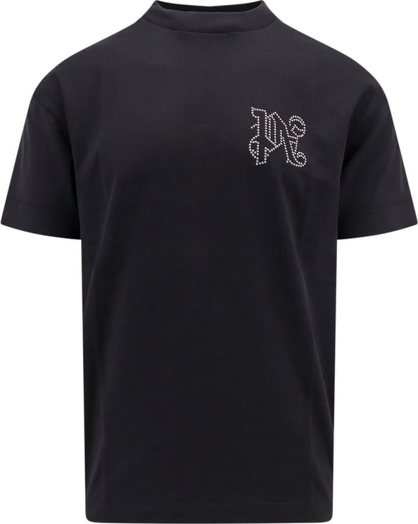 Palm Angels Cotton T-shirt with studded monogram on the front Zwart