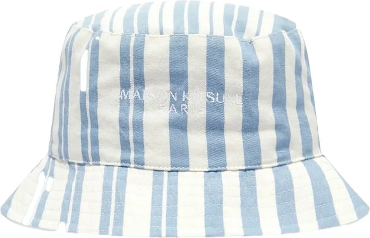 Maison Kitsuné Embroidered Logo Striped Bucket Hat Blauw