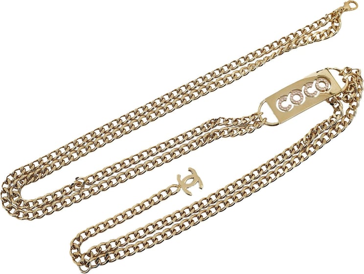 Chanel Rhinestone Coco Name Plate Chain-Link Belt Goud