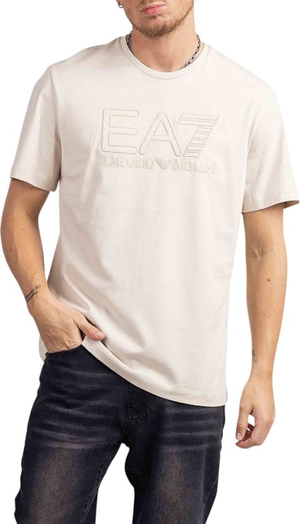Emporio Armani EA7 Embroidered Logo T-Shirt Heren Beige Zwart