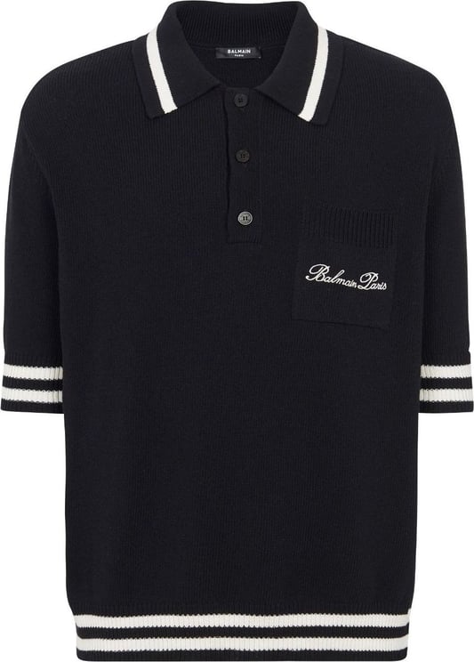 Balmain logo-embroidered striped polo shirt Zwart