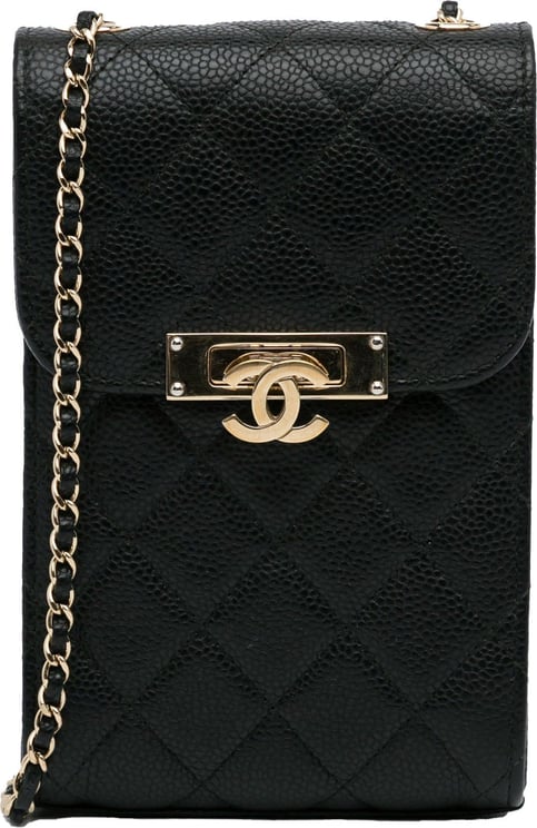 Chanel Quilted CC Caviar Phone Holder Zwart