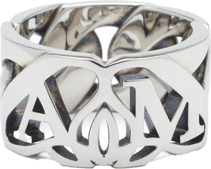 Alexander McQueen Seal logo-engraved chain ring Metallic