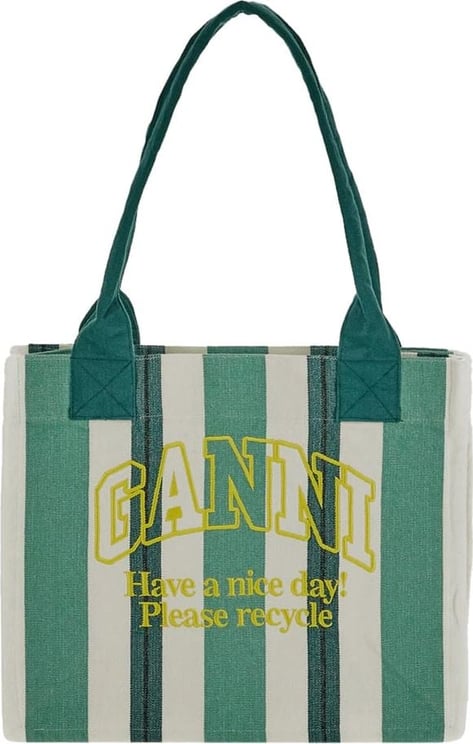 Ganni Large Striped Canvas Tote Bag Groen