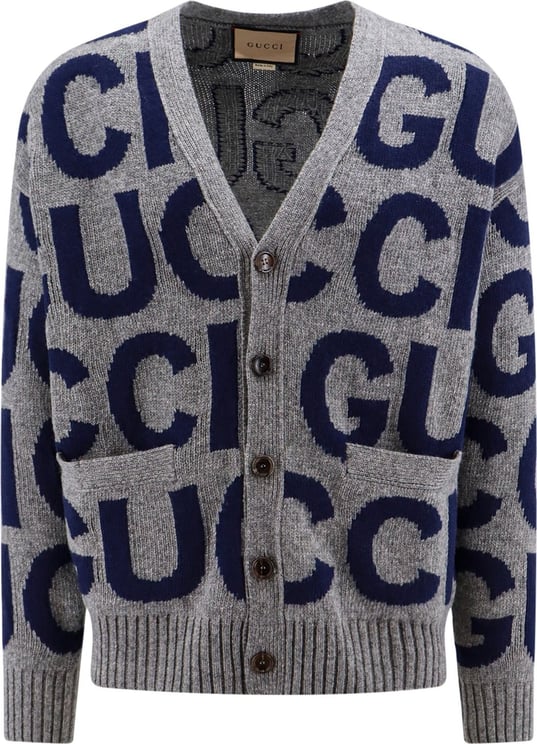 Gucci Wool cardigan with all-over logo Grijs